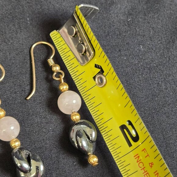 Rose Quartz & Hematite Beaded Earrings Gold Tone Dangle Natural Stone 2" Long - Picture 5 of 6